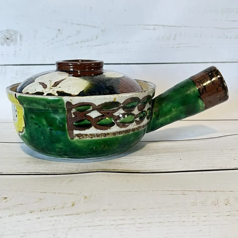 Mexican Lidded Handled Sopera Pottery Bowl Glazed Greens Browns Cream Handmade
